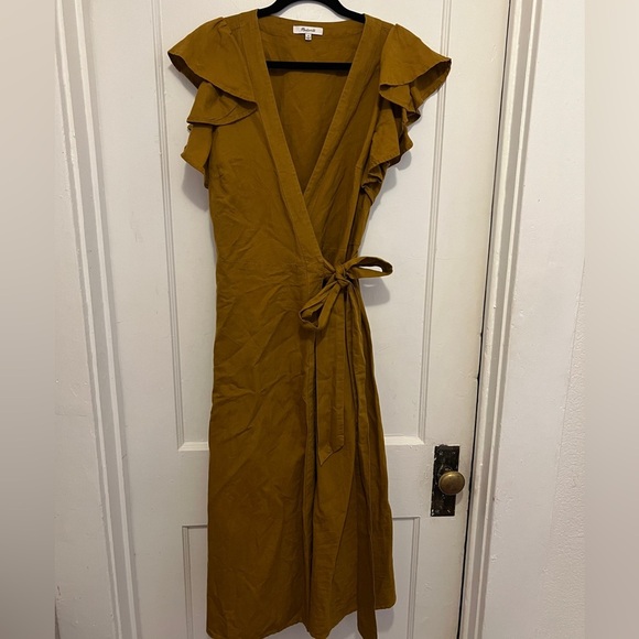 MADEWELL Linen-Blend Ruffle-Sleeve Wrap Midi Dress Cotton - Picture 2 of 10